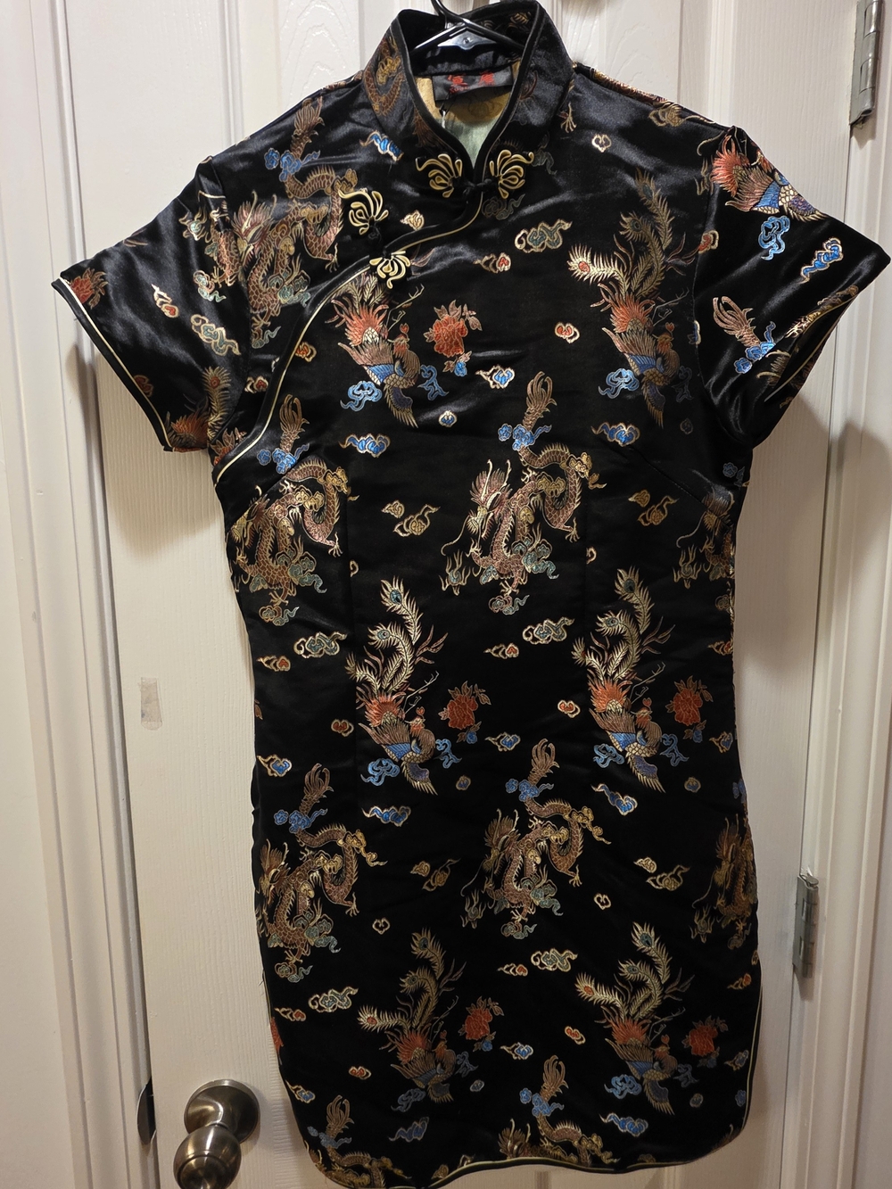 Black Satin Dragon Embroidered Cheongsam Dress - Elegant Mandarin Collar